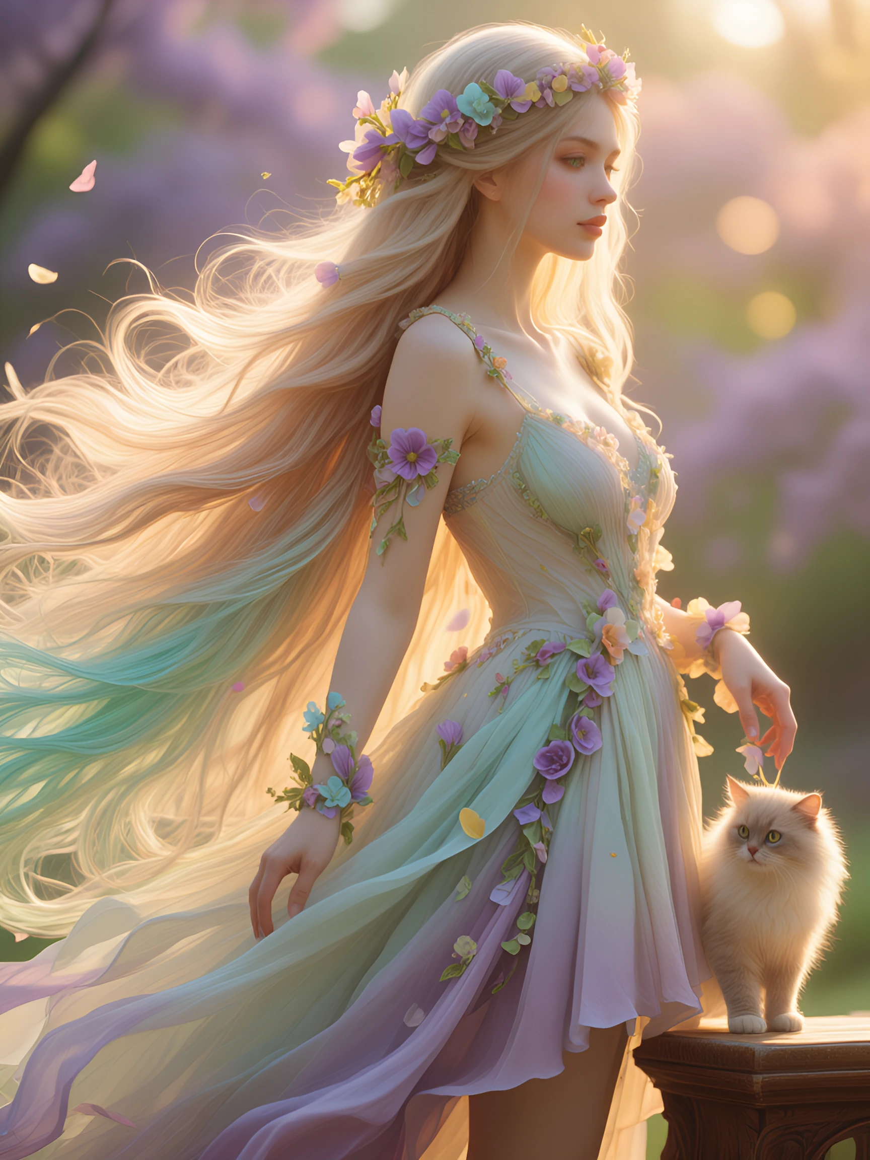 A gorgeous woman with very long flowing hair in soft pastel spring colors—pale blush, mint green, lavender, and cream tones. She wears an ornate crown adorned with cascading flower petals: lilac, cherry blossoms, and delicate blooms woven through her