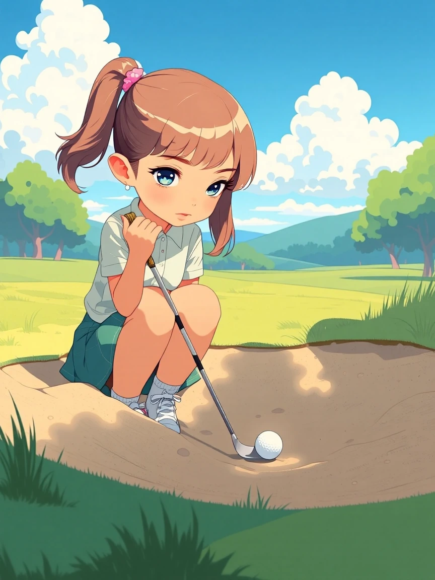 In a detailed anime style, an adorable young girl in a sand bunker on a golf course, concentrating on the ball in the sand, preparing to hit it with a golf club.