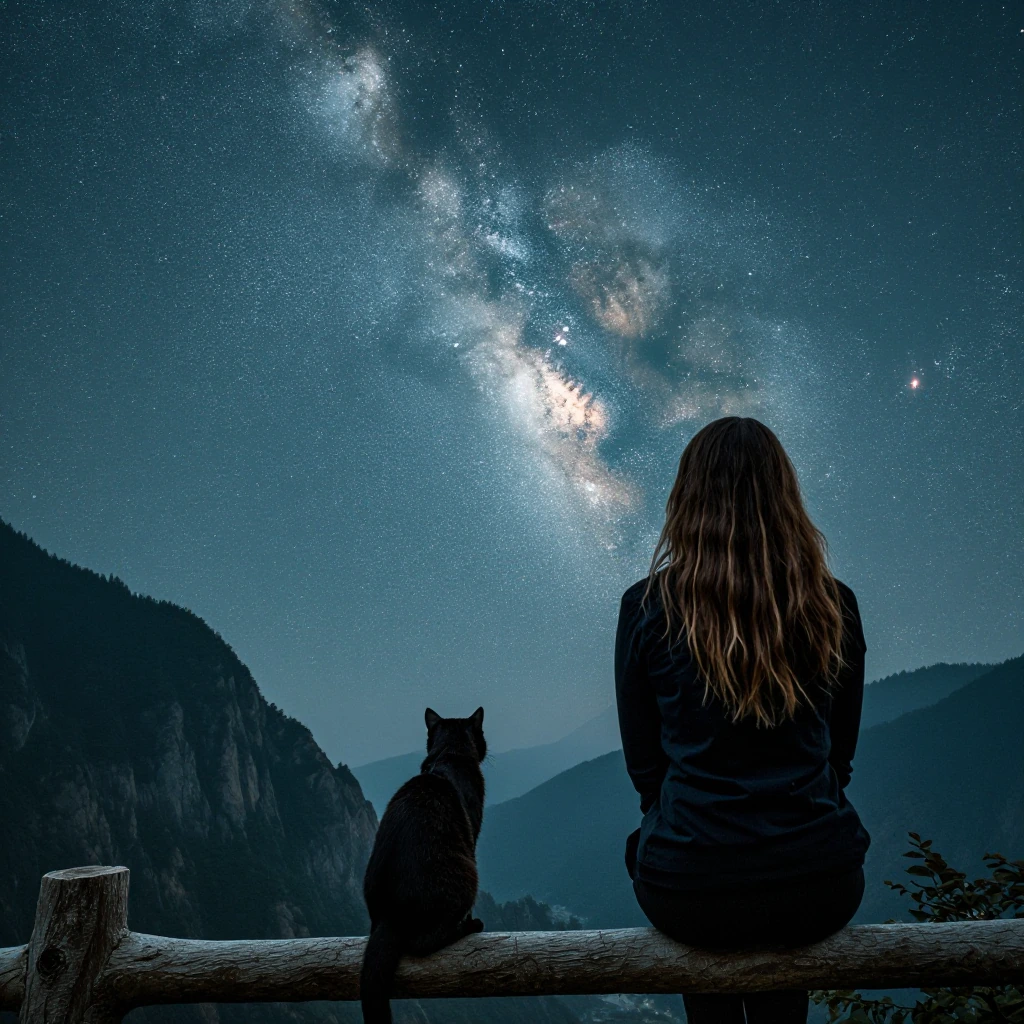 cat on a fence sitting next a beautiful woman looking out to the milky way galaxy betwen two mountains