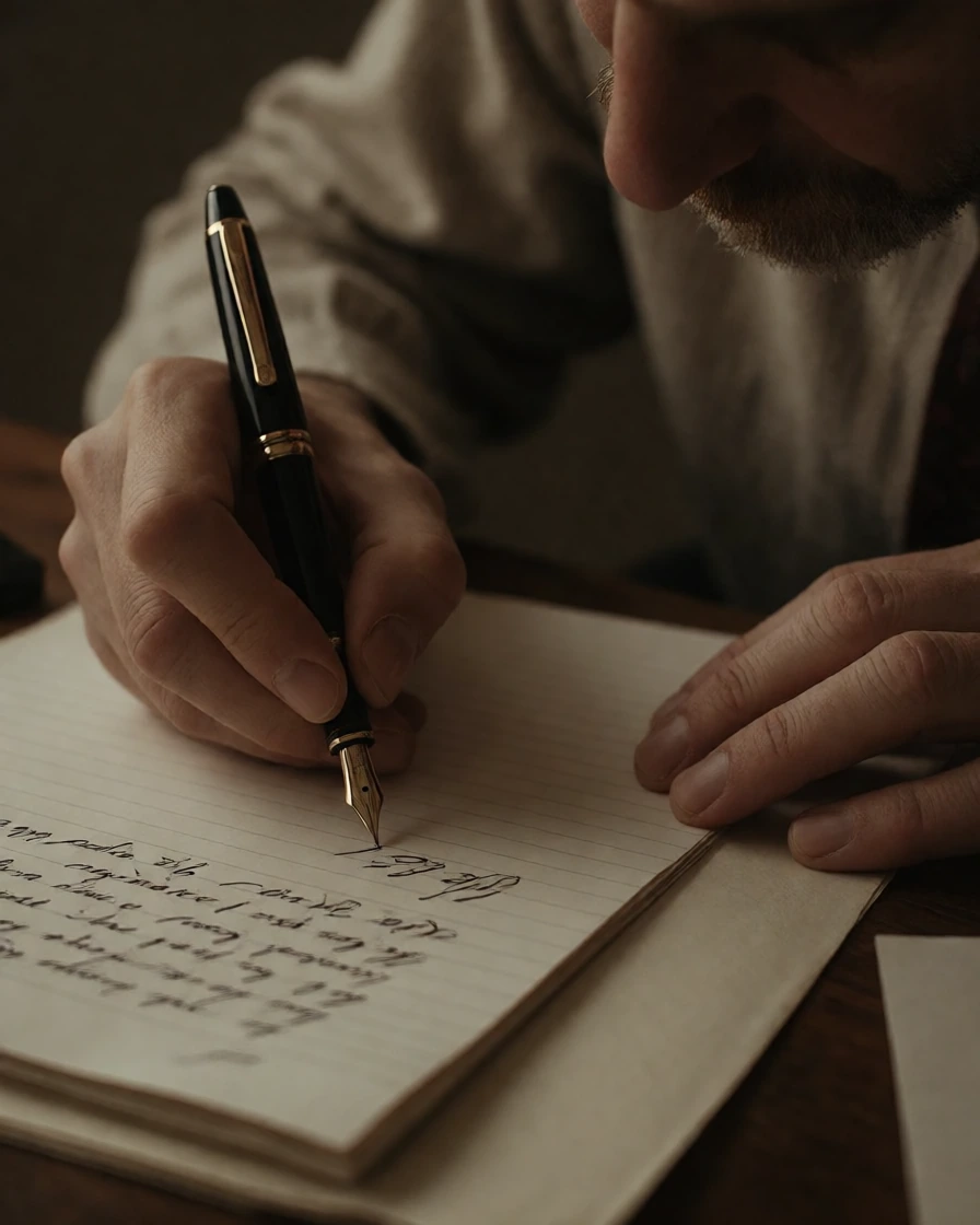 An exhausted author writes on paper with fountain tipped pen. You can almost see him, willing the words, onto the page. The ink, his eyes, they are interconnected throught the transfer of intent. This is, how the mind, decompresses.