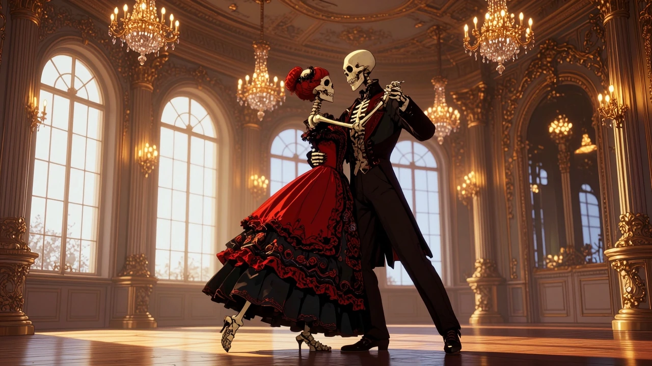 An opulent Victorian ballroom interior with tall arched windows, gilded columns, ornate wall moldings, and multiple crystal chandeliers casting warm golden light; in the center, two elegant human skeletons posed mid-waltz in a classic ballroom hold, 