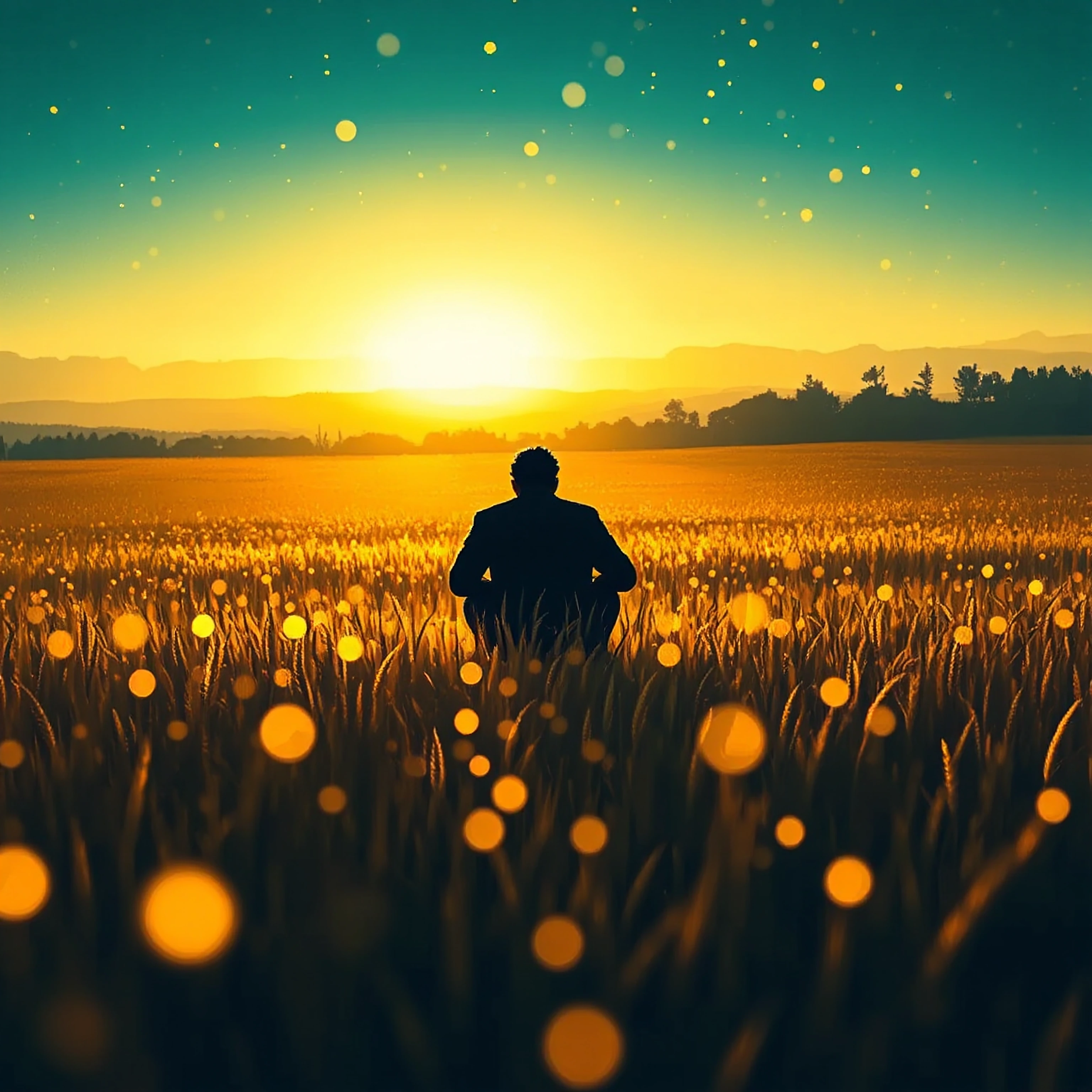 A dark gothic victorien solitary figure sits hunched in an endless field of golden wheat and tall grass, silhouetted against a luminous twilight sky. Warm amber light suffuses the foreground, creating a bokeh effect of glowing orbs that blur into dre