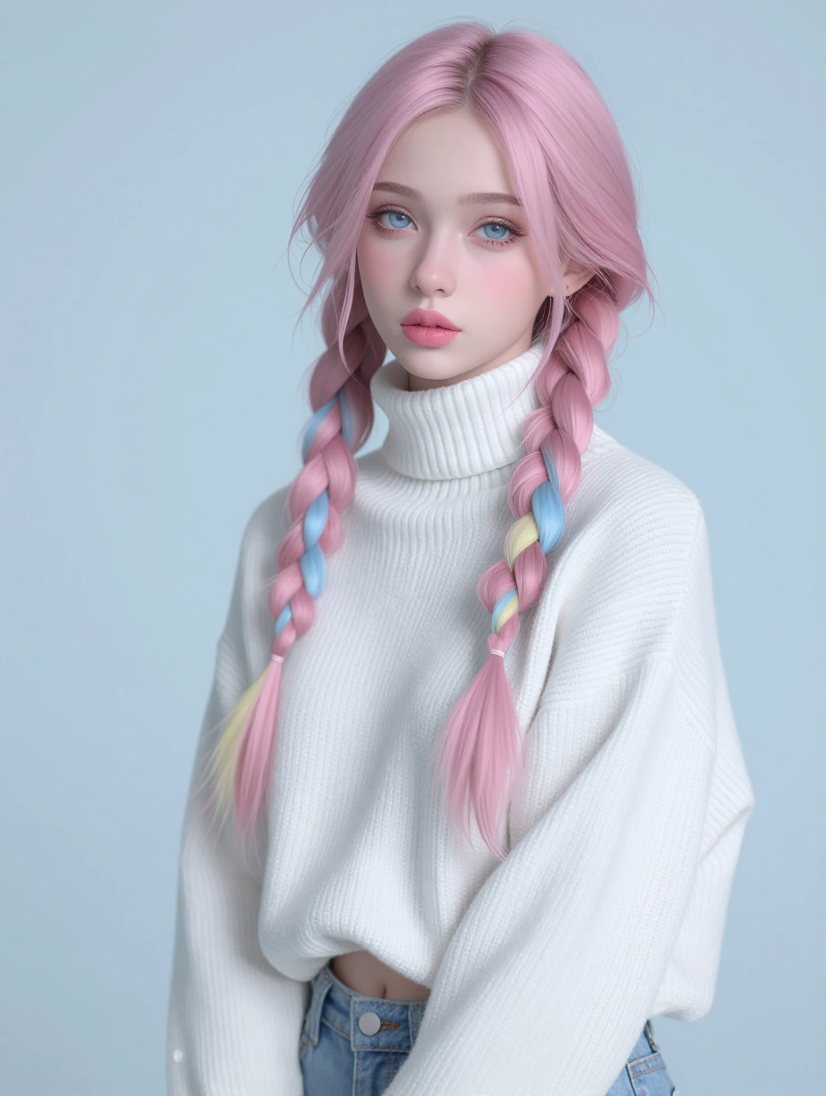 a young woman with fair skin, blue eyes, and full pink lips. She has long, pastel-colored hair in twin braids, featuring pink, blue, and yellow strand