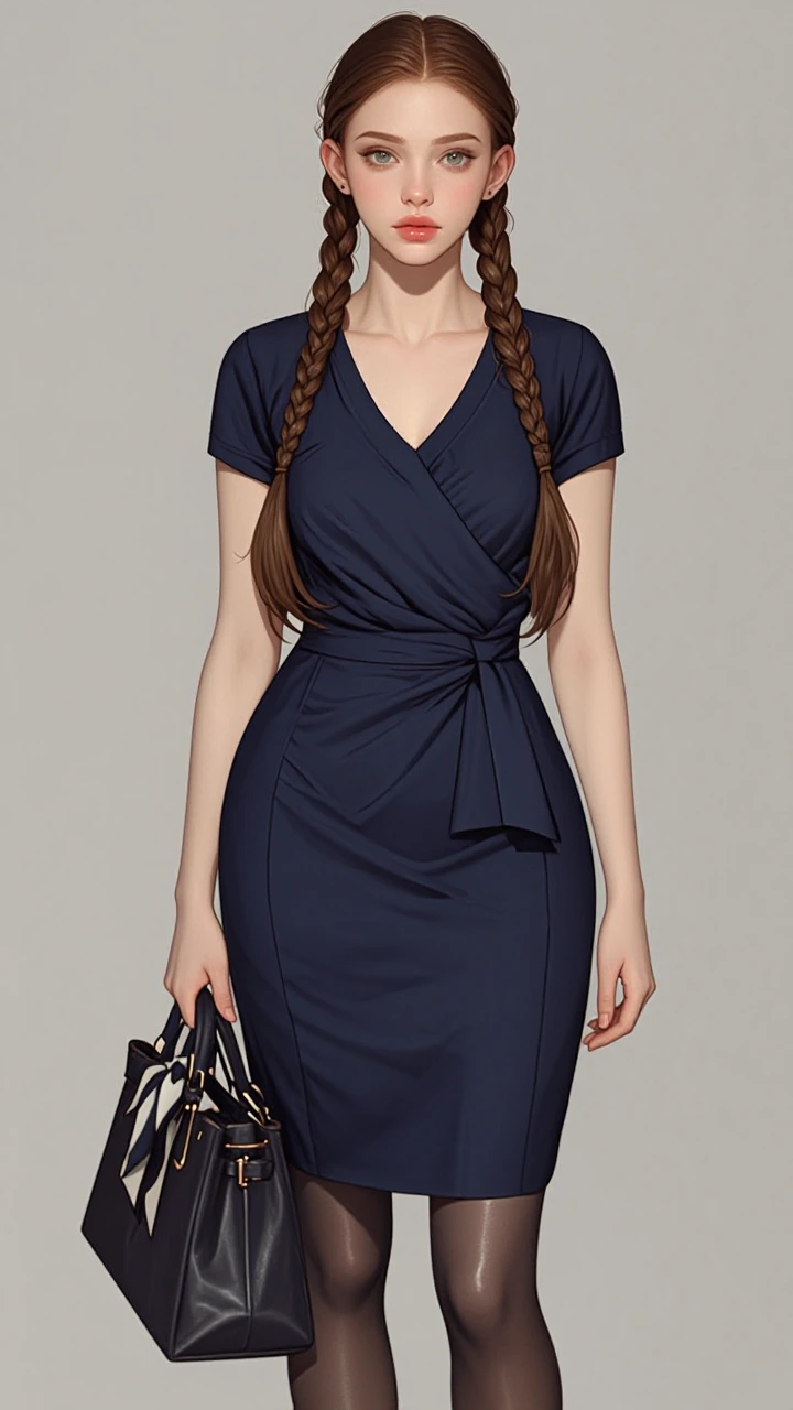 Minimalist: Navy blue sheath v neck dress, sheer tights, scarf tied around the handle of the bag, brunette with two long braids
