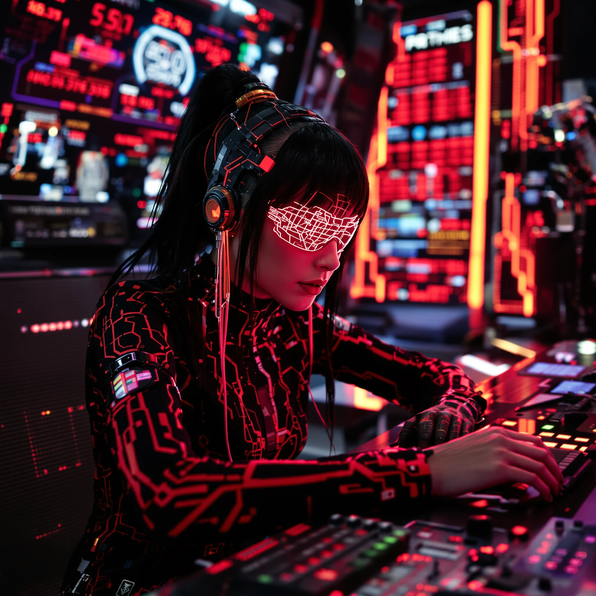 A futuristic cyberpunk woman with vibrant black hair sits at a sleek and intricate console, surrounded by a high heads display (HUD) projecting holographic red and black data. Her eyes are augmented with a glowing eye lens, revealing intricate detail