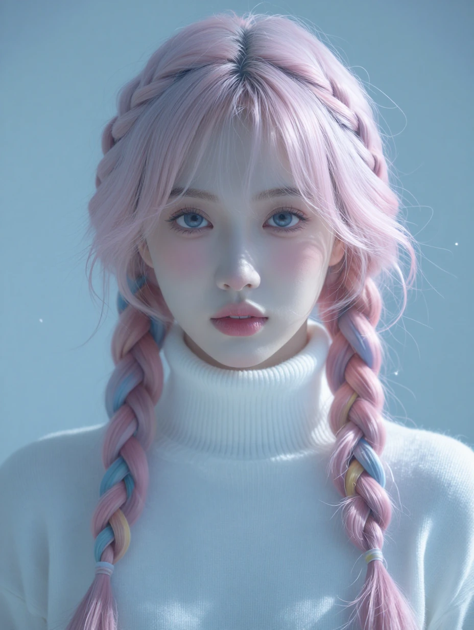 a young woman with fair skin, blue eyes, and full pink lips. She has long, pastel-coloured hair in twin braids, featuring pink, blue, and yellow strands. She wears a white, ribbed turtleneck sweater. The background is a soft, light blue gradient. Her