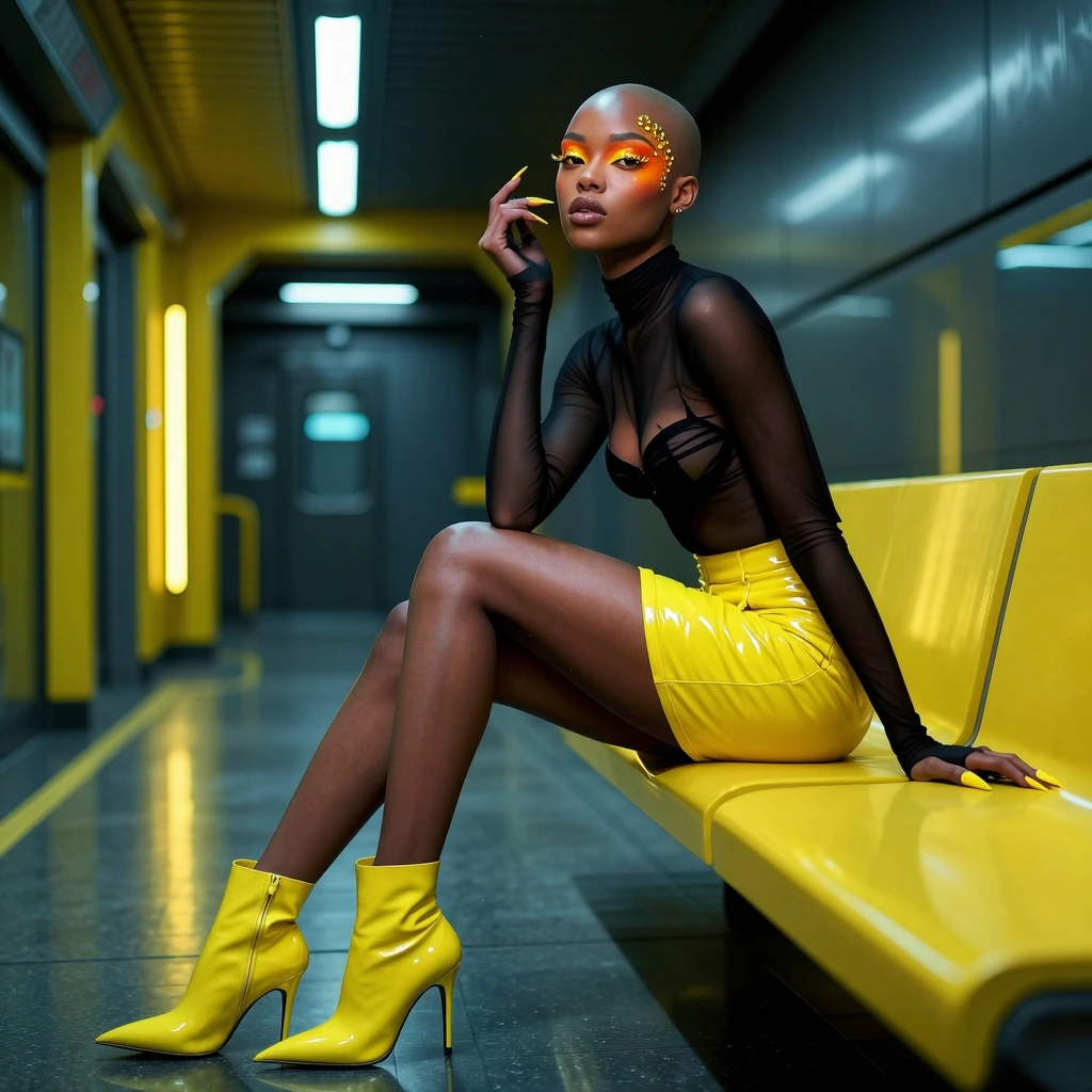 photorealistic, volumetric lighting, cinematic lighting, light particles, 19-year-old bald black woman with a striking aesthetic. Bold orange and yellow gradient eye makeup with shimmering gold glitter and yellow face gems. Wearing a transparent blac