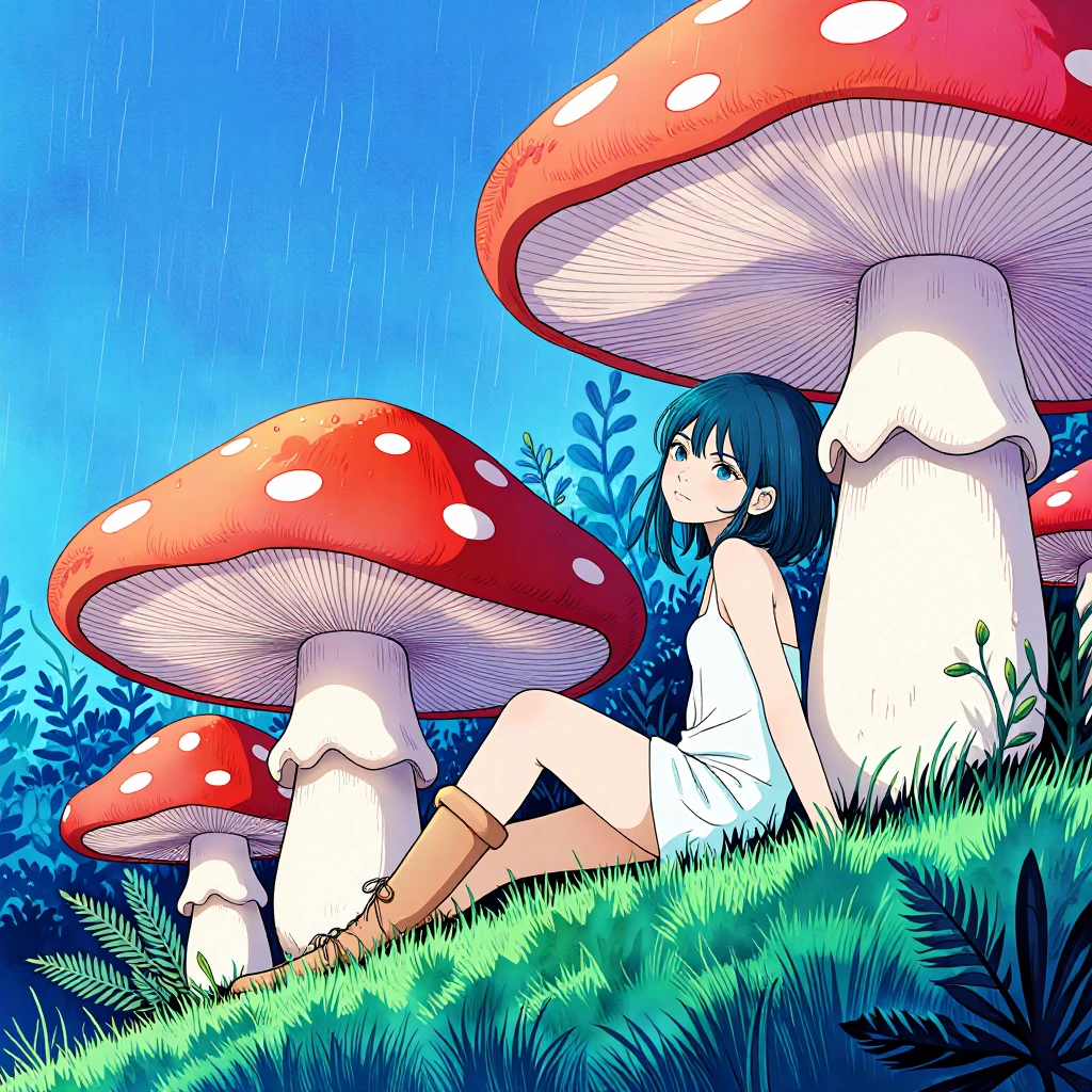 1girl, fairy, sitting by mushroom, Gr@dientW@lds, BLUE color grading, gradient colors, rain, red mushrooms, hill, grass, weeds, ferns, nature, masterp