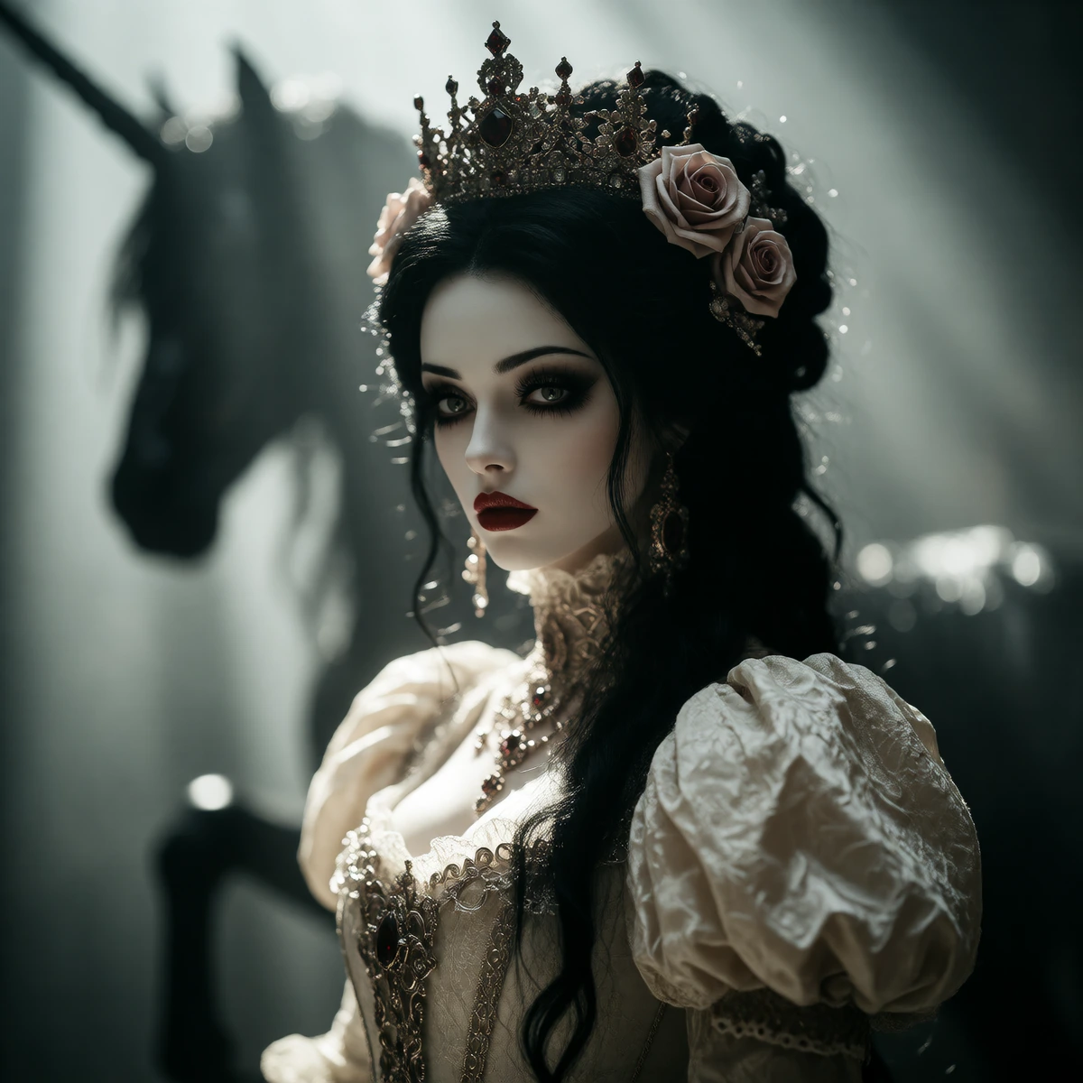 A cinematic Gothic portrait of a pale-skinned, doll-like woman with black hair styled in an elaborate updo adorned with a jewelled crown of roses, wearing dramatic make-up and red lipstick, dressed in a textured cream-coloured Victorian gown with puf