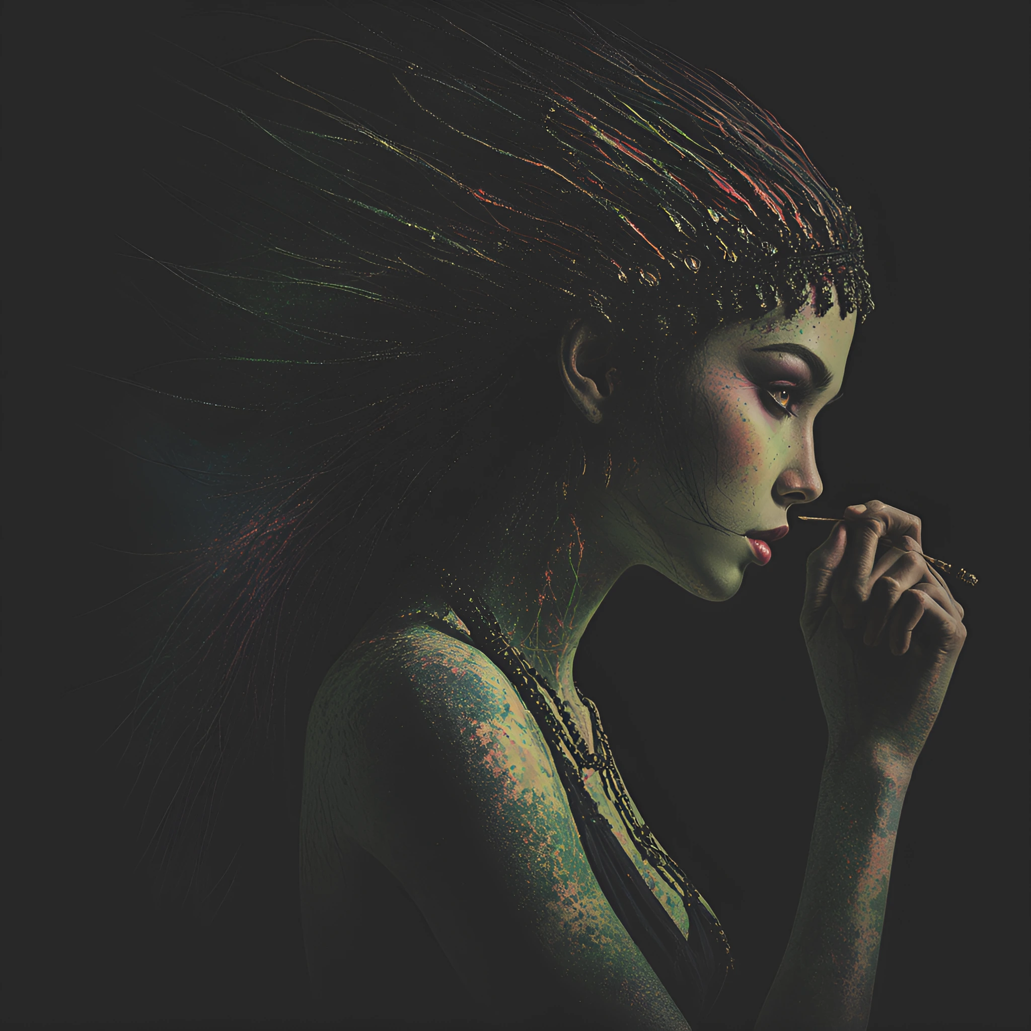 A bust portrait of a young woman, her head turned in threequarter profile, chin raised, gaze fixed to the viewer. She sports a dark, wolflike mane with curled ends. From the crown, a sequence of separate, disembodied eyes intertwines with sinuous, wa
