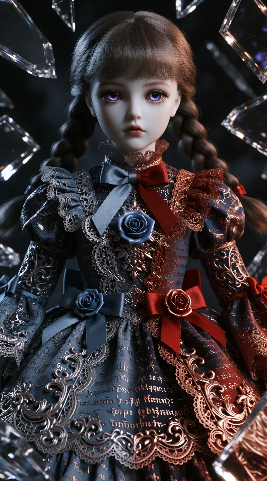 A hyper-detailed and unsettling porcelain doll, with braided pigtails, stands and stares directly forward. The doll's face is cracked down the center, revealing two distinct halves. The left side of the face is smooth, pale porcelain with fine crack