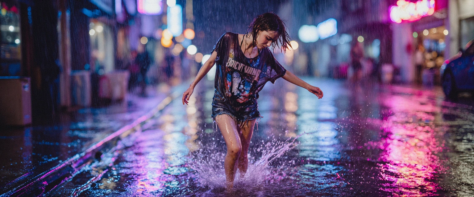 A young woman with soaking wet dark hair plastered against her face and neck, wearing a faded black rock band t-shirt clinging heavily to her skin, fr