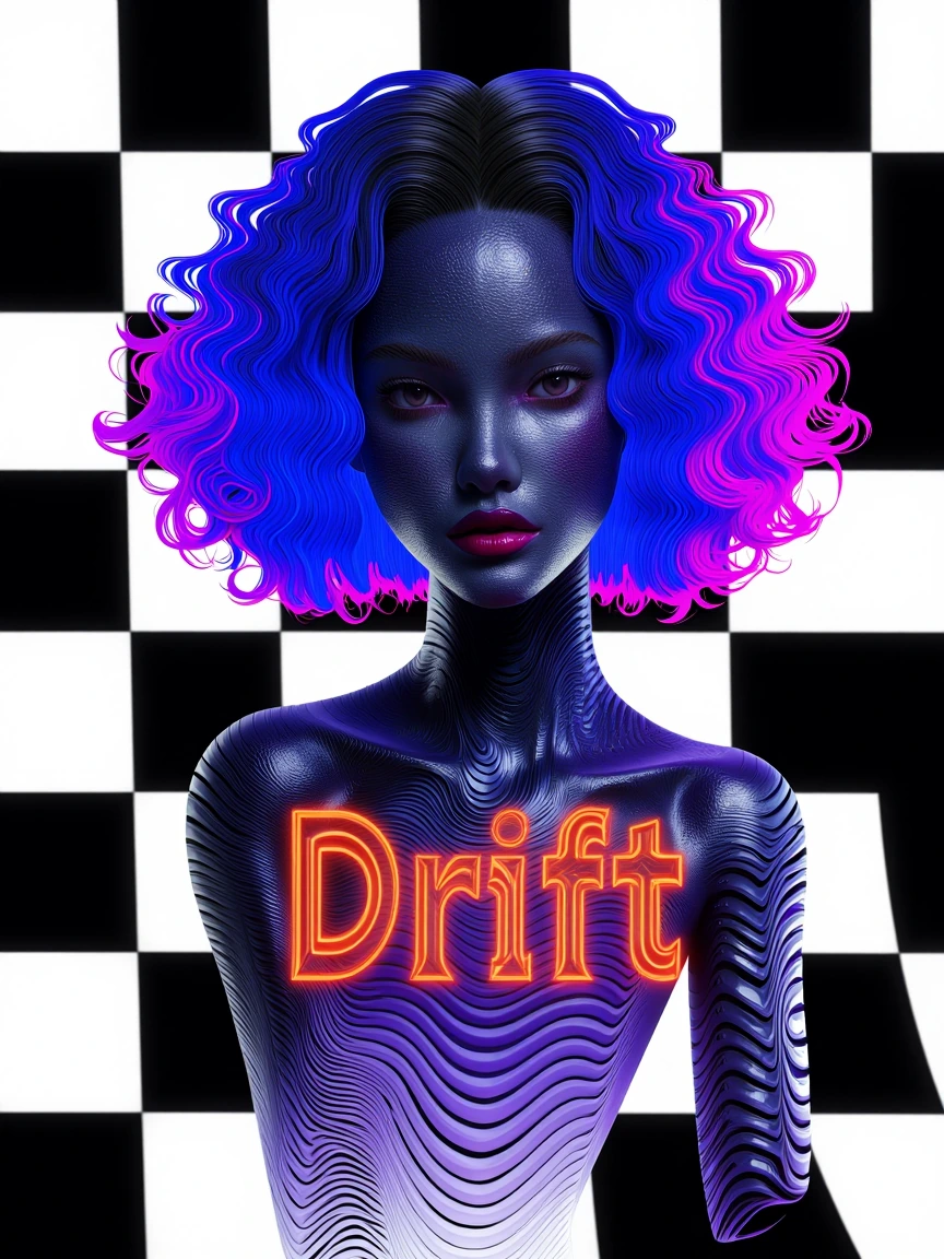 A futuristic cyborg, anamorphic 3D render, Op Art aesthetic. ​The "Drift" Layer (To create flow): The cyborg's nanobot skin is textured with repetitiv
