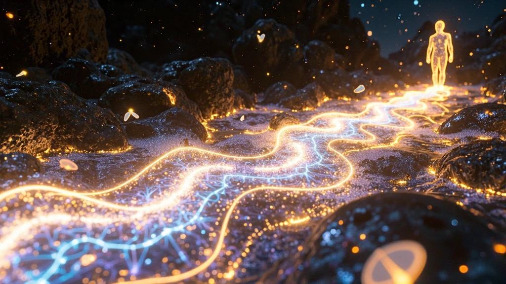 A luminous translucent river of pure thought flowing through an endless starry void, the Mindstream, hyper-detailed ethereal neuro-cosmic current, 8k 