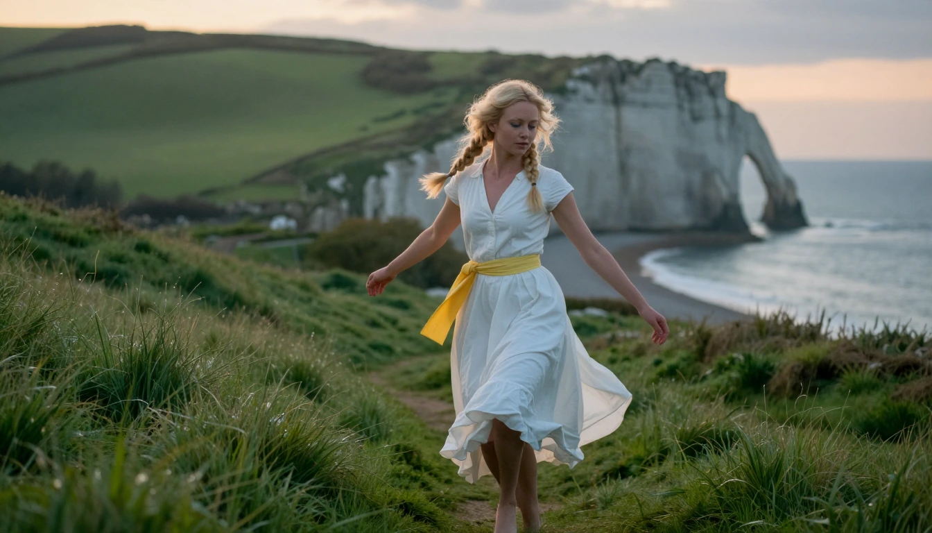 White dress cinched with a yellow sash belt, blonde bombshell hair loosely braided in three braids, dancing through the rolling green hills of Dorset in spring, her blue eyes catch the dawn light, dew shimmers upon the grass as she moves along the co