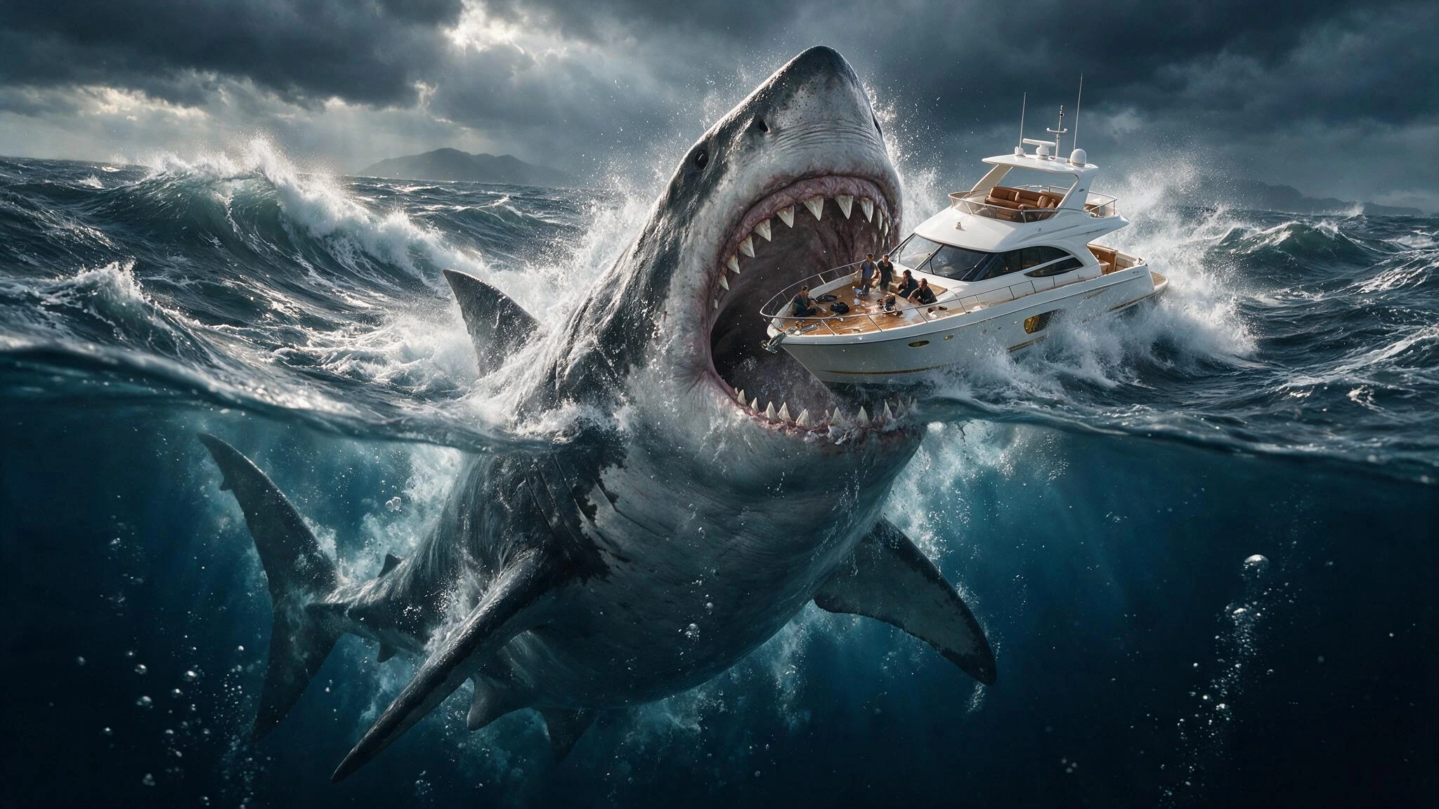 Megalodon shark with mouth wide open rising straight up from the water to swallow a yacht whole, captured in the exact second before impact, dramatic underwater and surface view