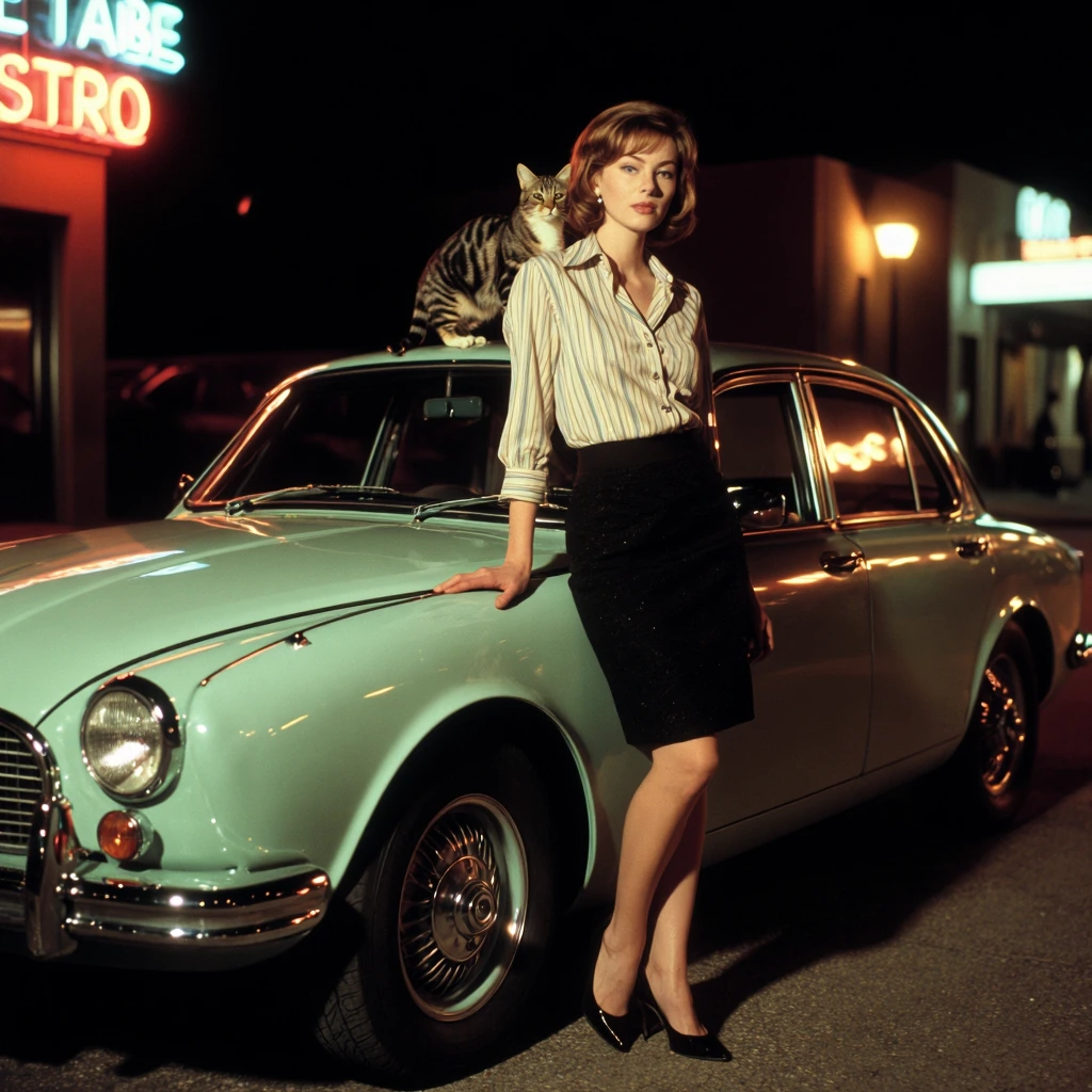 Moody nighttime scene of a sophisticated woman in 1970s fashion standing beside a mint-green vintage Jaguar, a curious tabby cat perched on the car's roof, neon street lights reflecting off the polished chrome, film noir inspired lighting