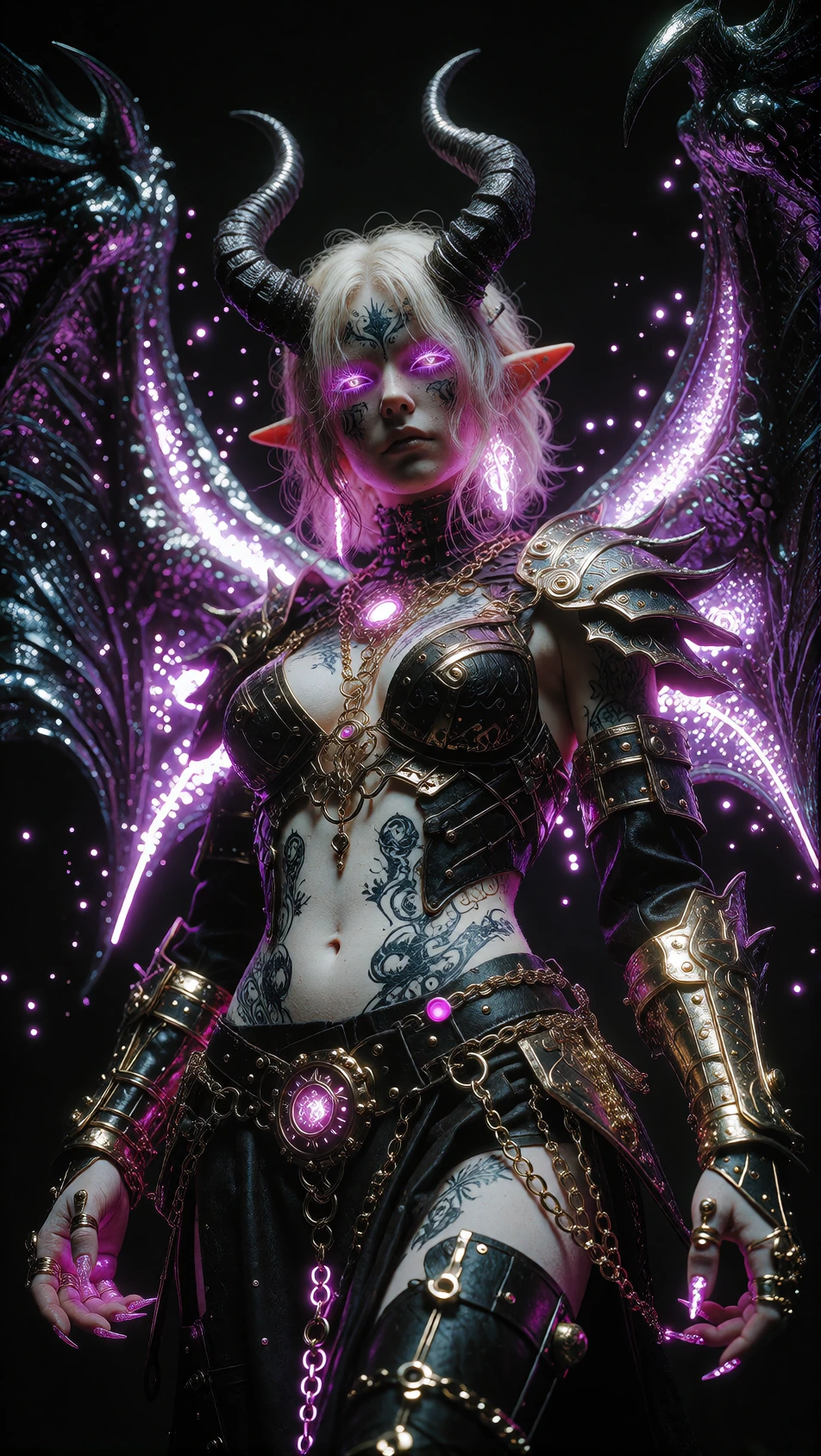 demonic fantasy woman with blonde and magenta hair, curved horns, intricate black tattoos covering body, leather and chain armor, glowing purple neon accents. massive dragon wings unfurling from her back — scaled, iridescent, catching the neon glow.