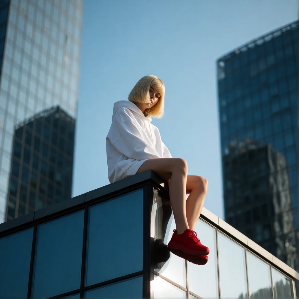 Surreal urban fashion photoshoot of a young Ukrainian blonde bob care hair woman in oversized white hoodie and red sneakers, sitting casually on the edge of a skyscraper rooftop. Glass skyscrapers and a clear blue sky behind her. Captured from a lowa