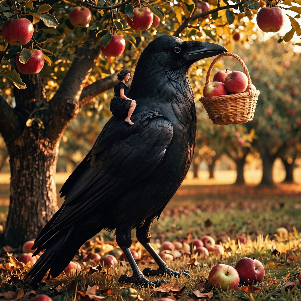 Surreal photorealistic scene in an apple orchard at golden hour. A single enormous, anatomically realistic black crow, as tall as a human, stands bene