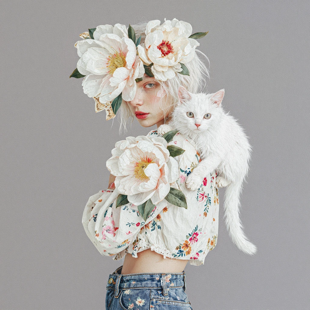 soft illustration of a woman with platinum hair and big flowers, fluffy white cat on shoulder , wearing floral jeans and a cropped peasant blouse, highly stylized painting