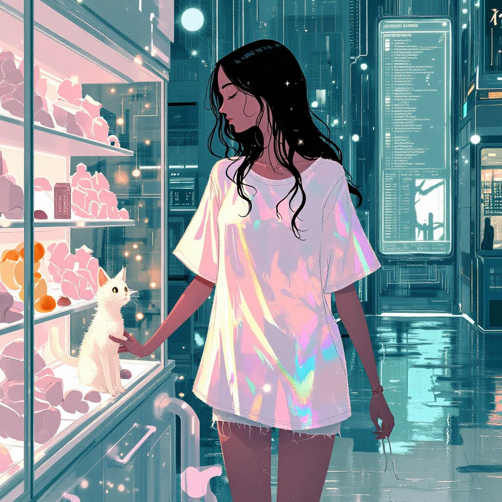 Woman, long black hair, in a deli with her cat, oversized T-shirt, and cut offs, colorful pastels