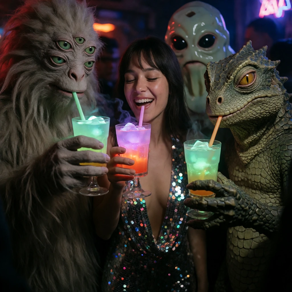 one human and a group of comical obviously male masculine alien creatures all having drinks together at a dark large crowded sci-fi alien dive bar (one very furry (long colorful hair) six-eyed alien creature from planet Centari, one scaly small lizar