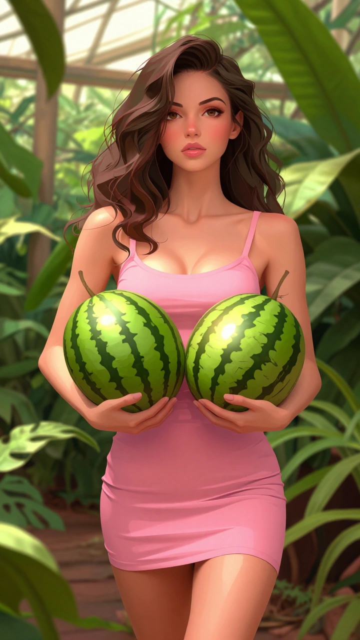 A stylized illustrative portrait of a woman with long wavy hair wearing a formfitting pink mini dress, standing in a lush tropical greenhouse filled with dense green foliage and layered plants, holding two watermelons in front of her torso with both