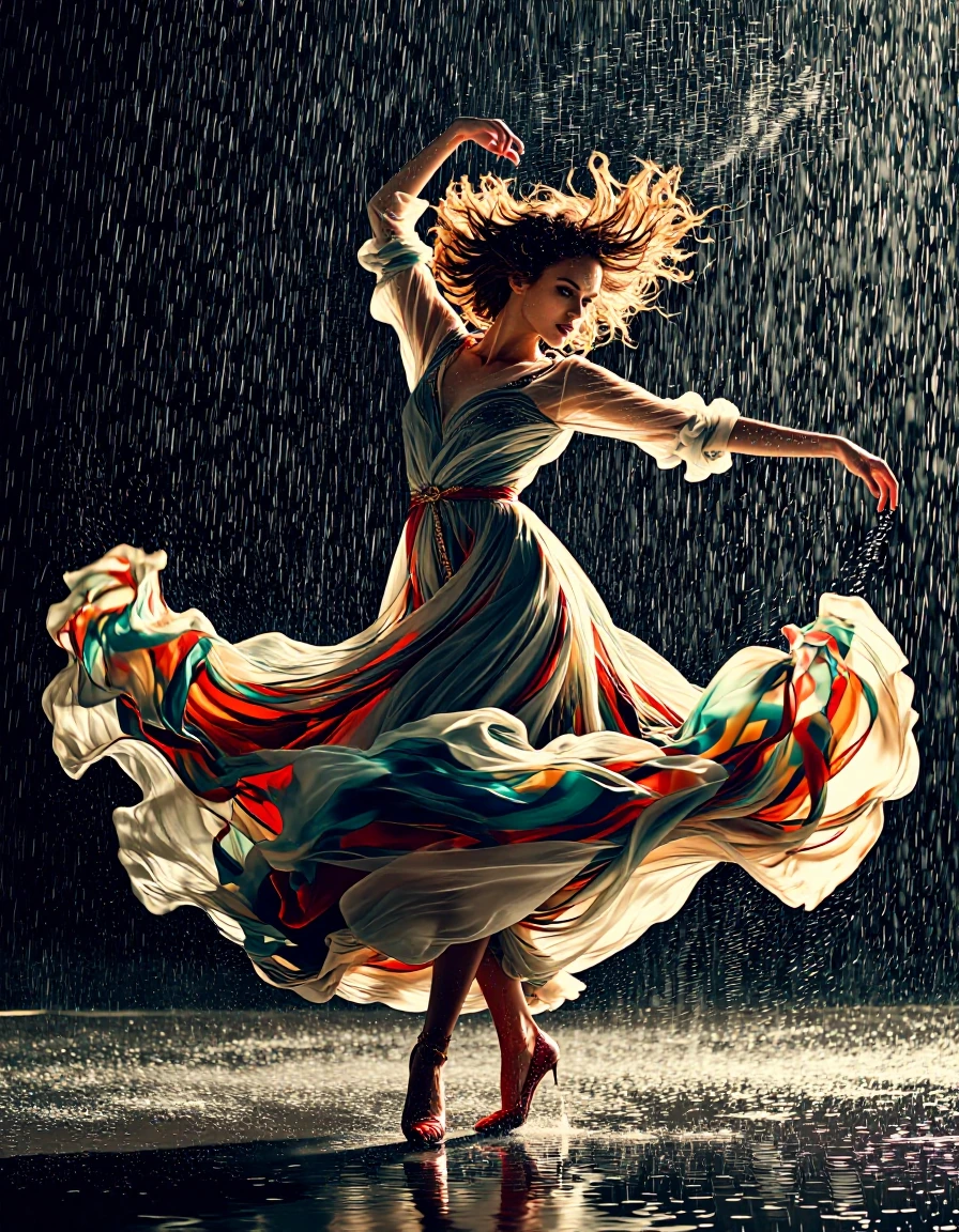 A striking fashion muse in motion beneath falling rain, captured mid-turn with explosive elegance, wet couture fabric sculpted by wind and movement, sharp cheekbones, fierce gaze, glossy skin, rain beading across dramatic styling, bold lighting, refl