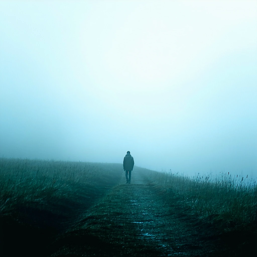 moody atmospheric dreamscape with lone wanderer in fog, film grain texture