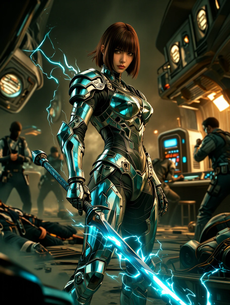 7ft tall raven haired tan skinned Oriental Woman, clad in a form-fitting tactical nano-armour suit themed in jade & silver carrying crackling electric blue curved swords with lightning bolt symbols upon their blades. With a blurred background that co
