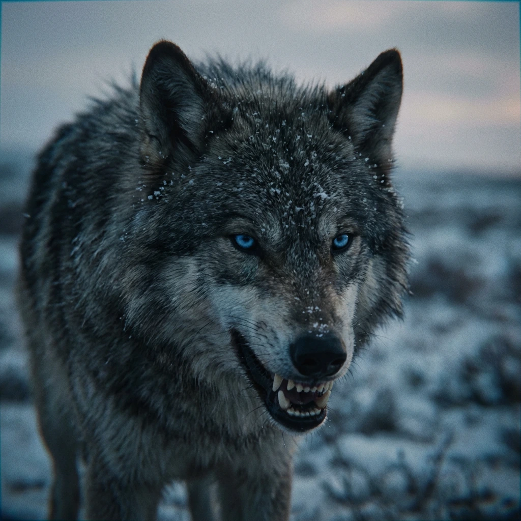 Handheld device filming from a higher angle, a blue-eyed dire wolf stares intensely with exposed fan…