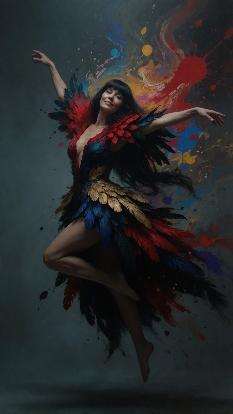lady, solo, petite mature adult woman (25+), large chests, side chest view, cleavage, curvy, voluptuous, seductive smile, blush, violet and ember eyes, sparkling, looking at viewer. Black long hair, blunt bangs. Pose: mid-leap, one leg extended, arms