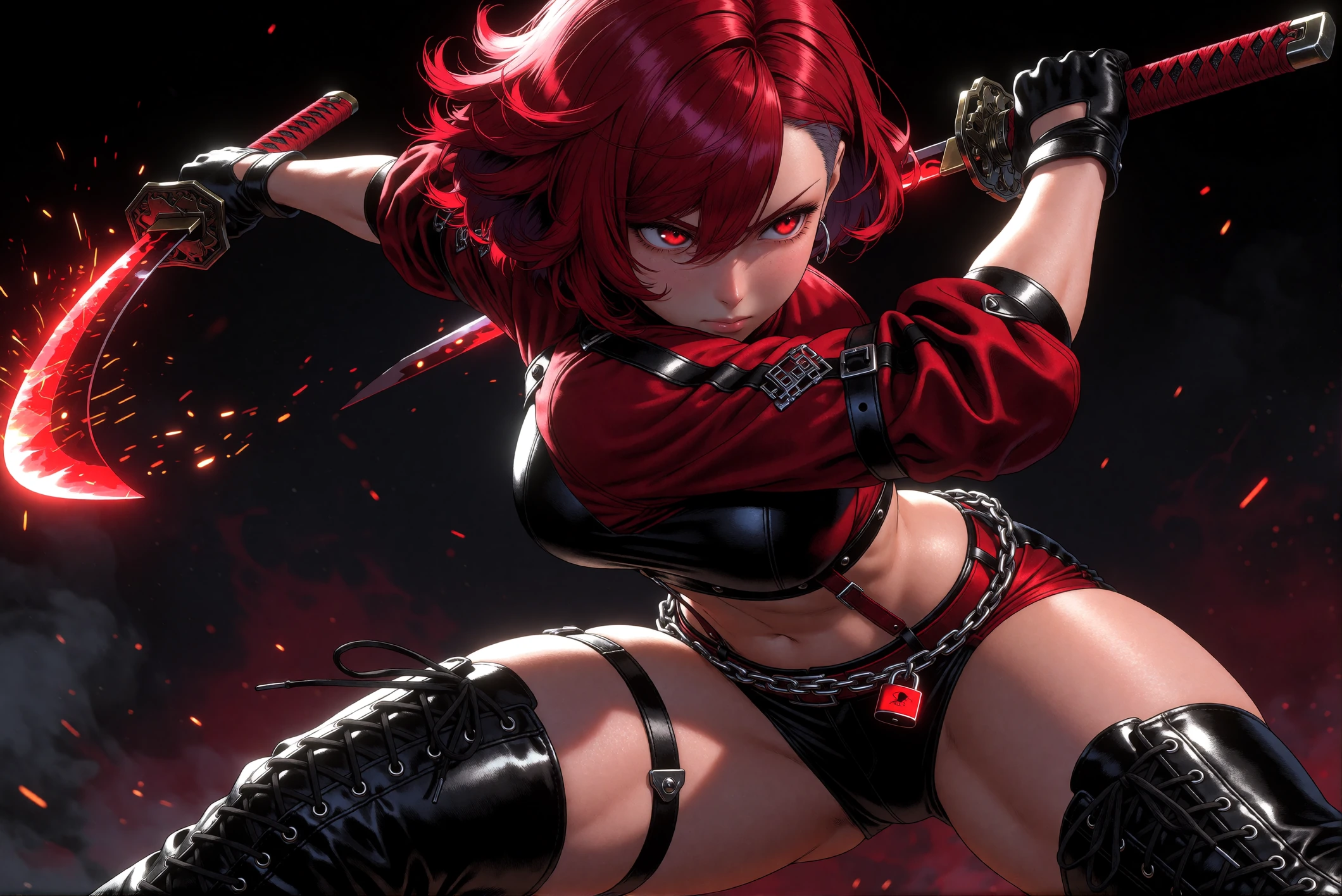 Masterpiece, best quality, ultradetailed digital illustration, photorealistic rendering, sharp details, glossy wetlooking skin, cinematic composition. Red Fever in mid sword play, body twisted in a dynamic combat pose, one arm extended with a glowing