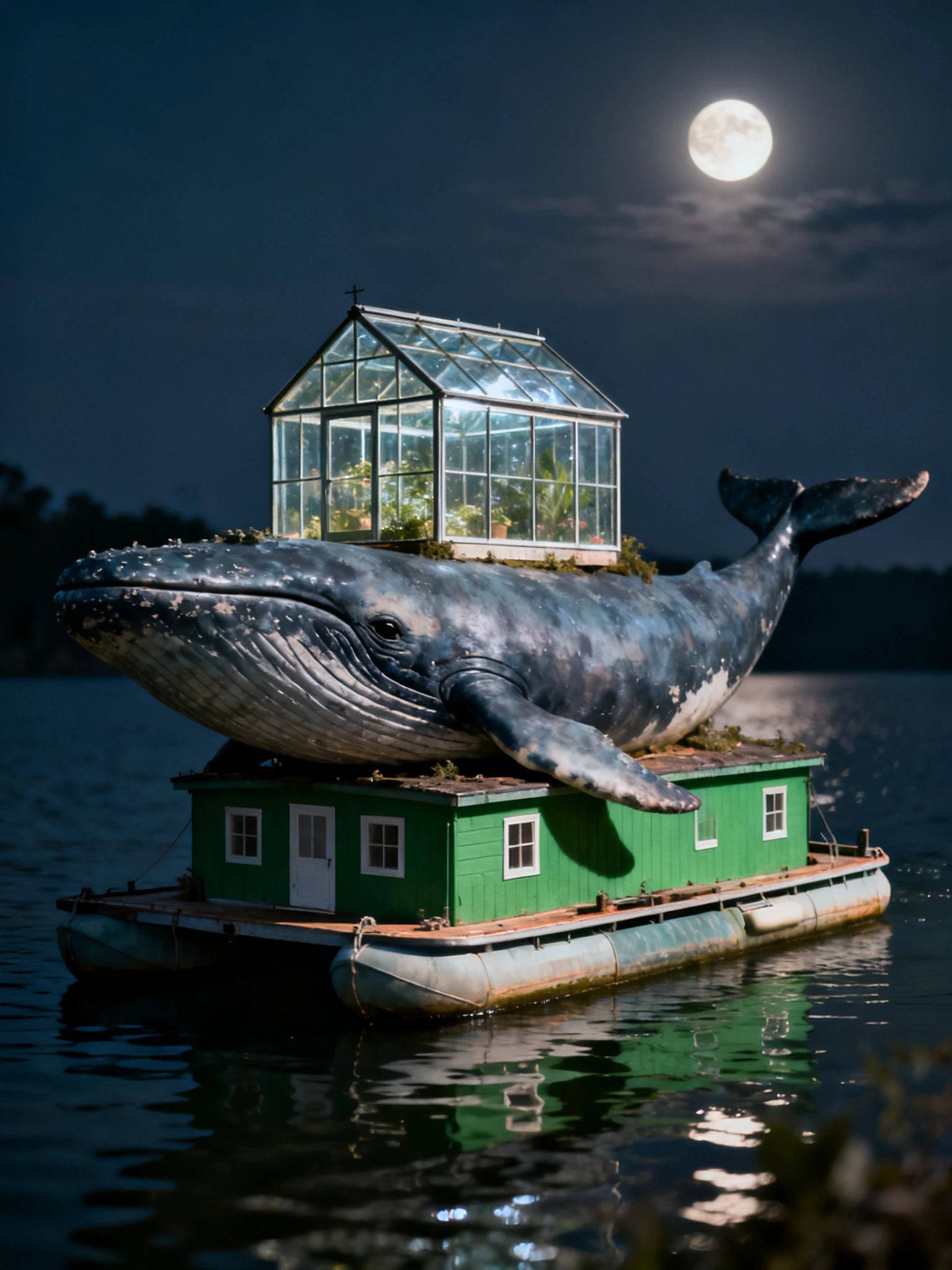 #dailyspark A glass greenhouse On the back of a whale Whos laying on a pontoon boat In the shape of a green house
