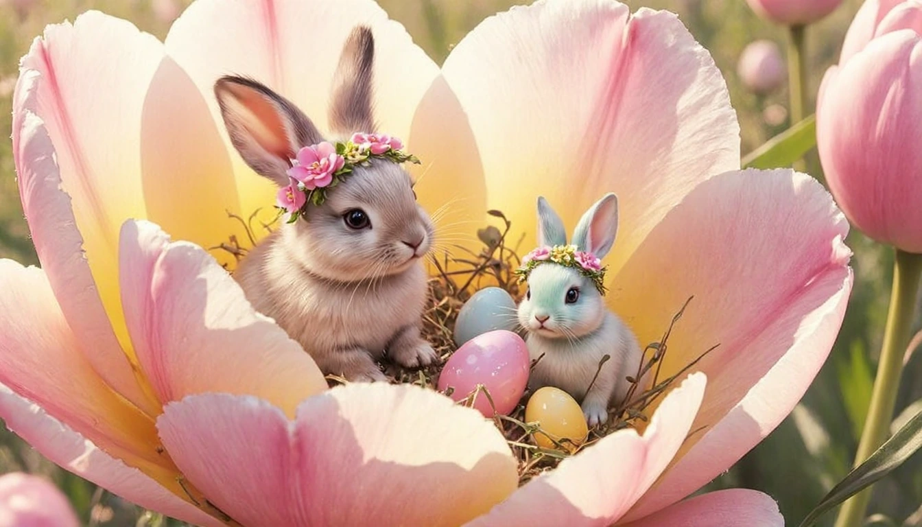 A giant, magical spring flower (a lush mix of tulip and peony) in full bloom with soft pastel pink and yellow petals glistening with morning dew. Inside the open flower is a whimsical miniature world where adorable tiny Easter bunnies live. The bunni