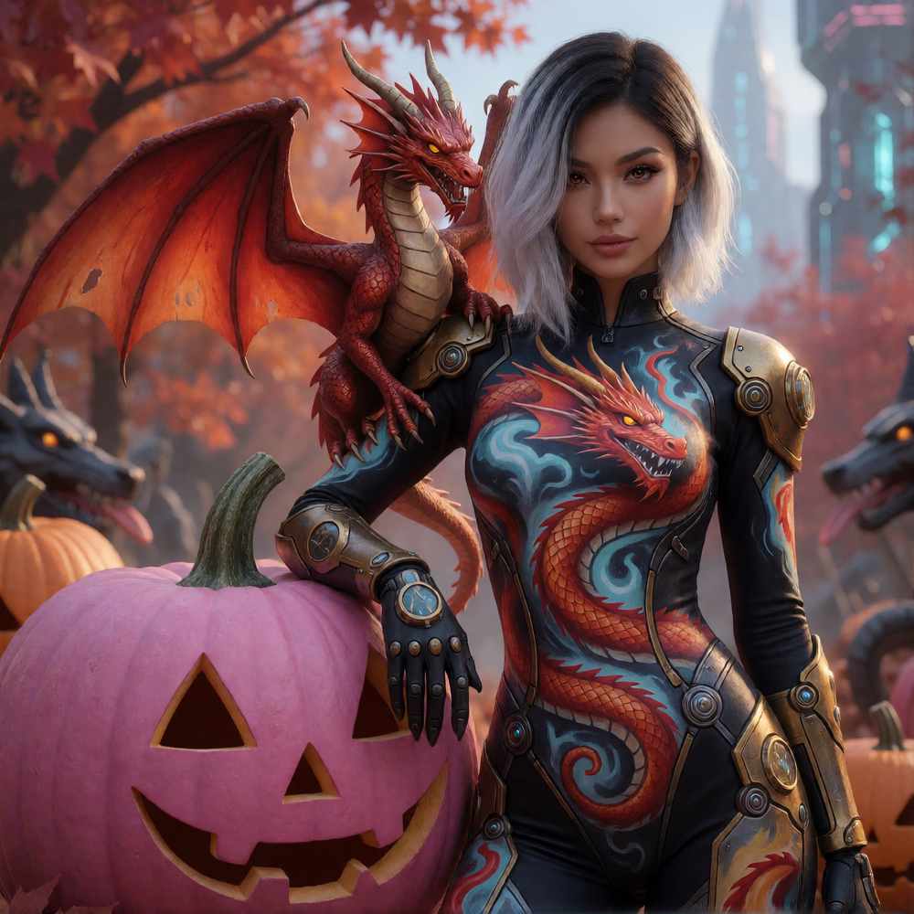Autumn background, pink pumpkin, Beautiful woman in a sleek dragon themed painted designs steampunk futuristic mech jumpsuit. Dragon on shoulder. White Ombre hair. Futuristic background. Anime photo mixed. Cinematic airbrushed style.