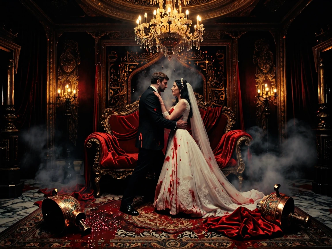 Turkish wedding celebration erupting in dramatic chaos, opulent golden ballroom with intricate Ottoman calligraphy adorning crimson velvet walls, shat