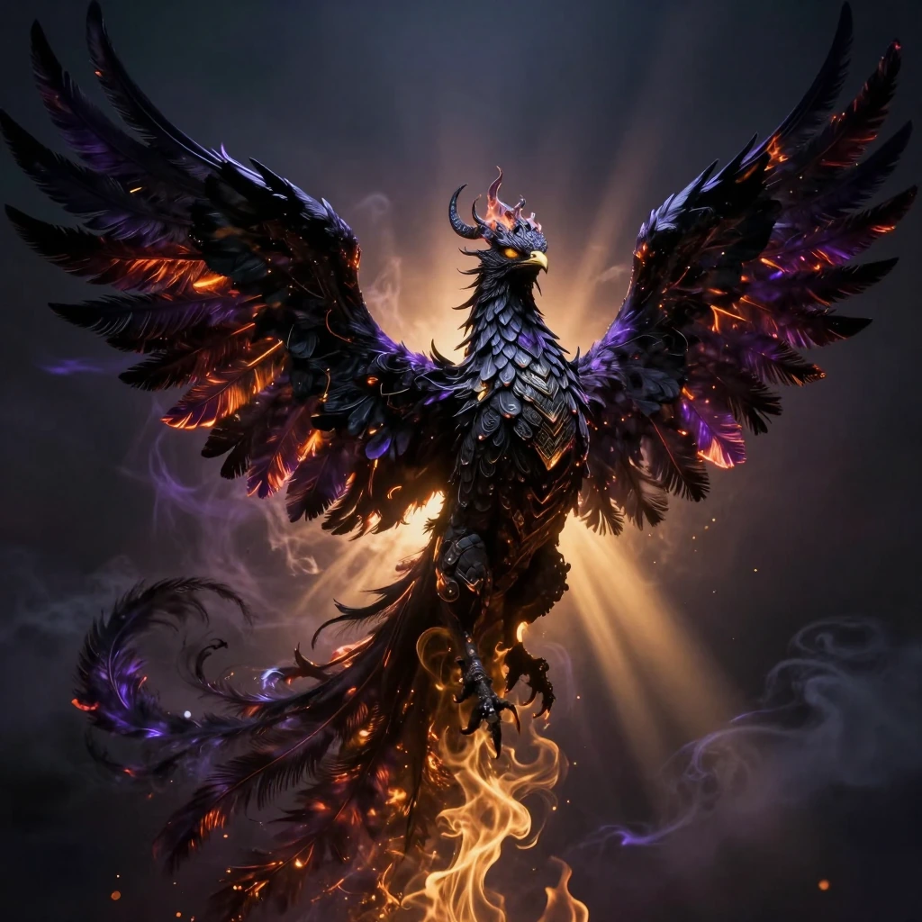 A majestic phoenix rising from ethereal shadows, wings spanning impossibly wide with feathers of deep obsidian black and midnight purple, edges glowing with molten amber and crimson fire, piercing golden eyes blazing with ancient wisdom, body wreathe