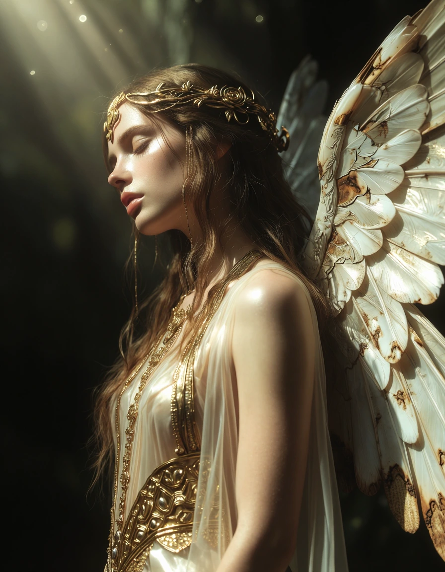 { "visual_elements": { "background": { "atmosphere": "ethereal and mystical", "color": "dark with specks of light", "elements": "subtle golden sparkles" }, "color_palette": { "accent_colors": [ "translucent light gold", "soft sparkles" ], "dominant_c