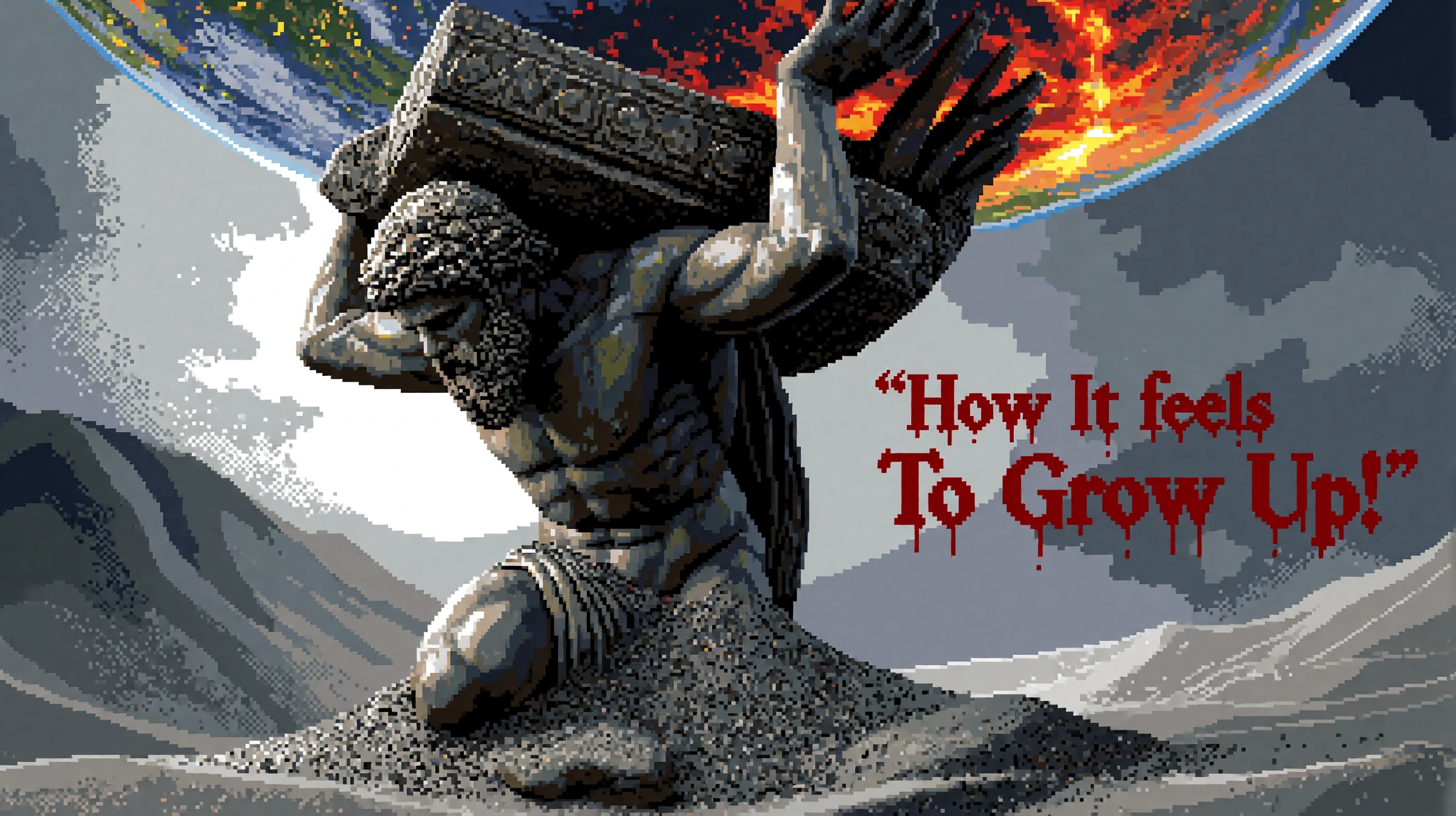 Pixel Art; Buried up to his waist in grey powdery quicksand that matches his skin colour a Statue of Atlas is calling out while carrying the weight a burning world on his back. Beside Atlas; Written in Burning Text that Bleeds "How It feels To Grow U