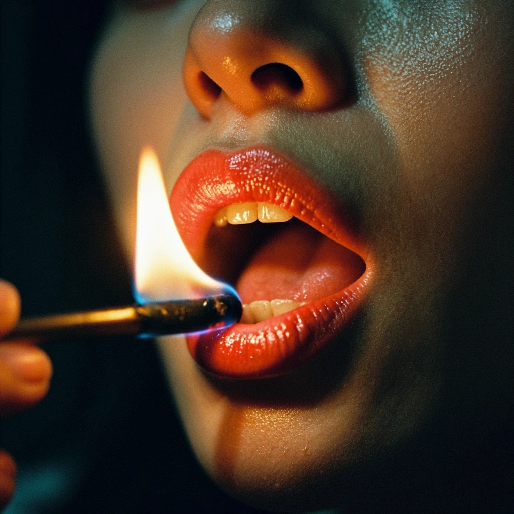The image is a close-up photograph showcasing the lower half of a person's face, focusing on their mouth and the area around it. The subject appears t