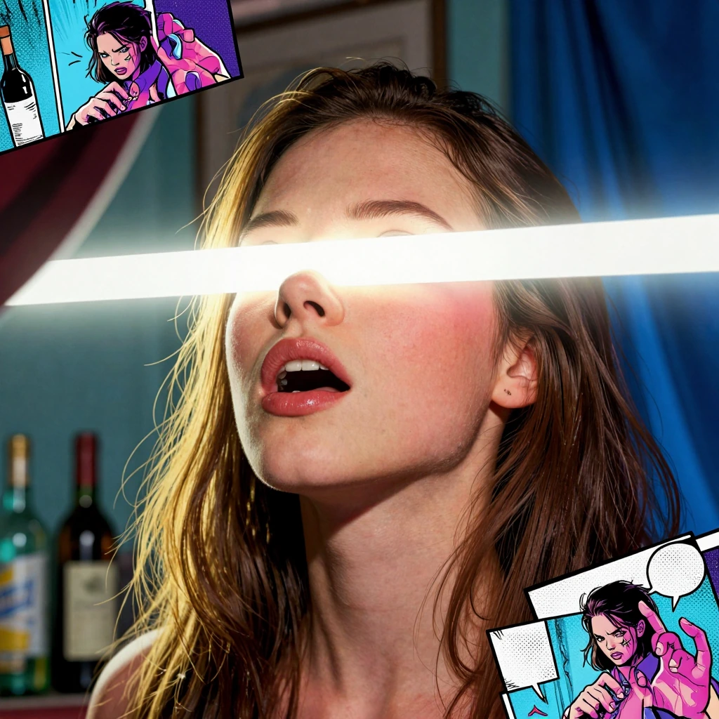 Young woman's face sliced by blinding horizontal light bar, eyes obliterated, mouth agape with wet lip, brunette hair glowing gold, flushed skin, shallow depth of field, cyan shadows, domestic interior with bottles and blue drape, cinematic grain, ch
