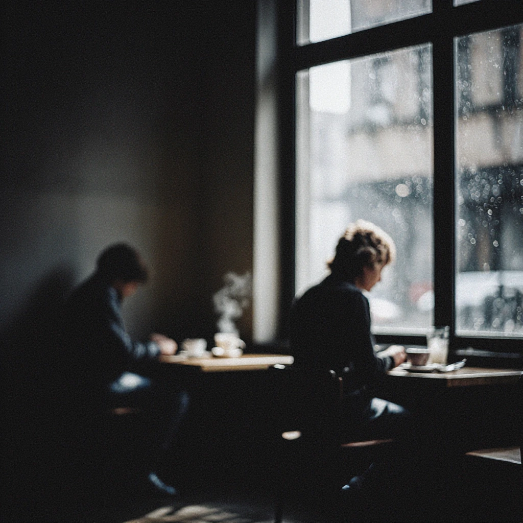 Melancholic café interior bathed in diffused grey window light, two solitary figures seated at separate tables in contemplative silence, delicate wisp