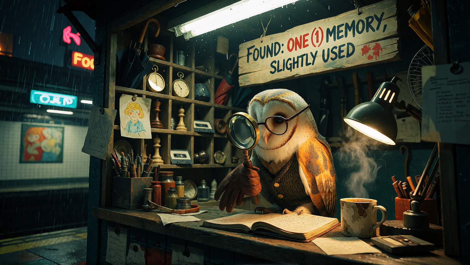 Capture a bespectacled barn owl perched behind a cluttered wooden counter, running a peculiar lost-and-found booth tucked inside a rain-soaked subway 
