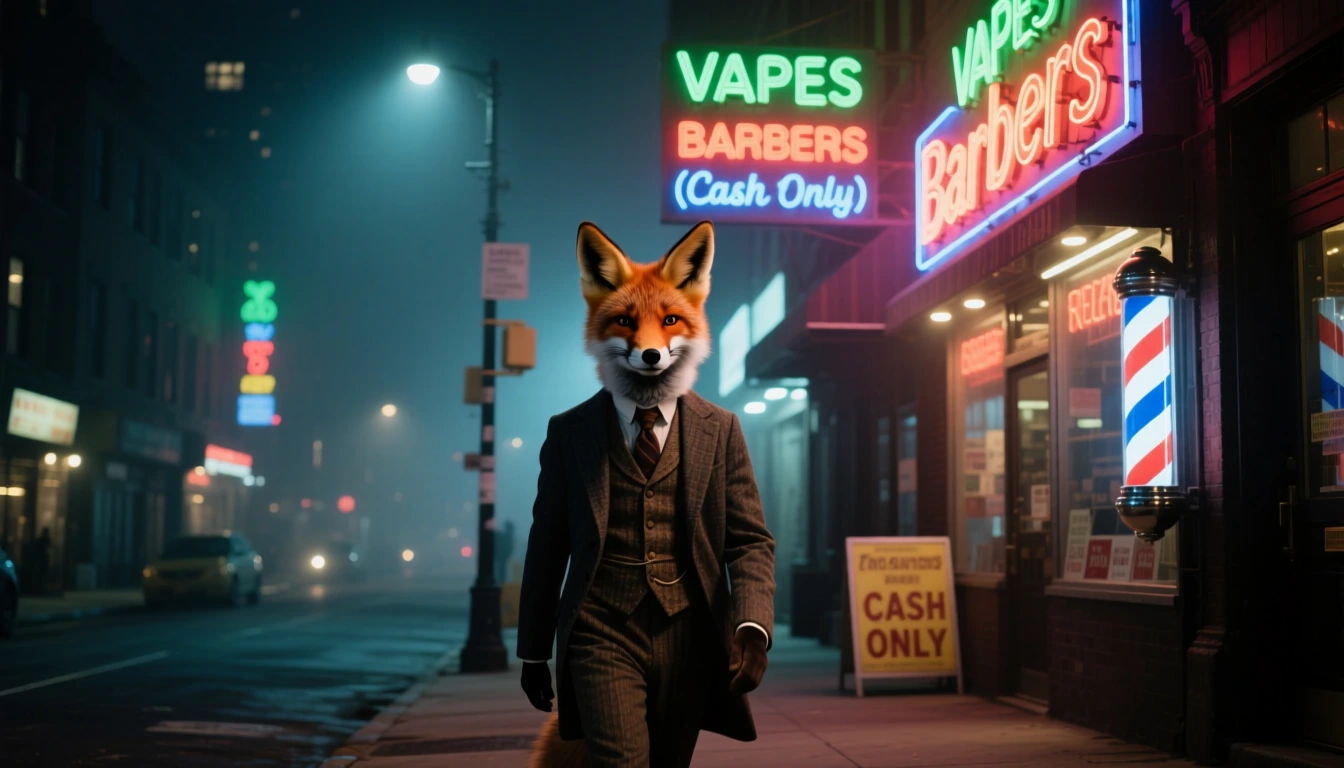 Urban Fox dressed in manner city folk believe a country gentleman dresses strolls down a street dimly lit by flickering neon signs advertising Vapes and Barbers (Cash Only).
