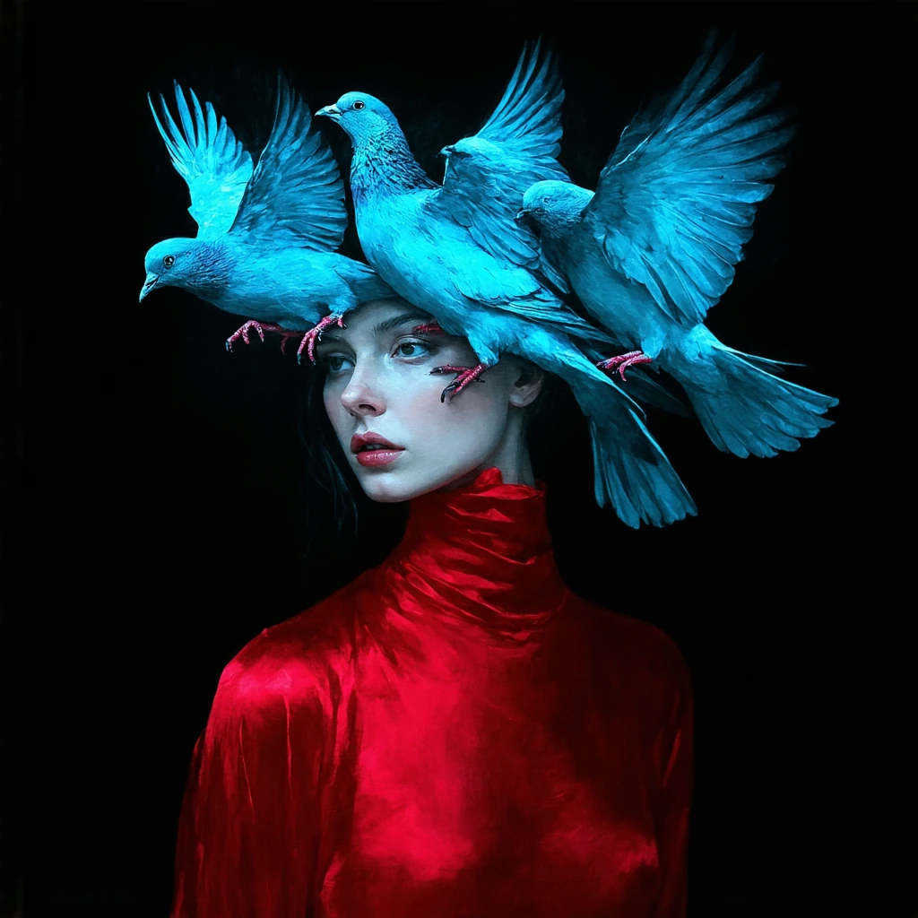 Surreal painting of a woman, shown in 3/4 view, in a vibrant red, silky garment against a stark black background. Her head is obscured by a cluster of glowing, blue-tinted pigeons that appear to be perched directly on her crown and face. Only the lip