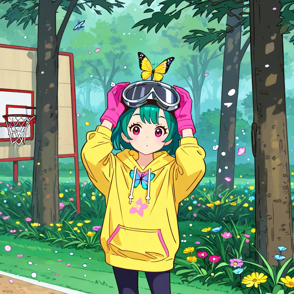 anime style Running around a schoolyard, a bat with oversized flight goggles perched on its head, a bright yellow hoodie and a fun, star-spangled shirt underneath, a pair of pink gloves for added cuteness points. The schoolyard is surrounded by tall