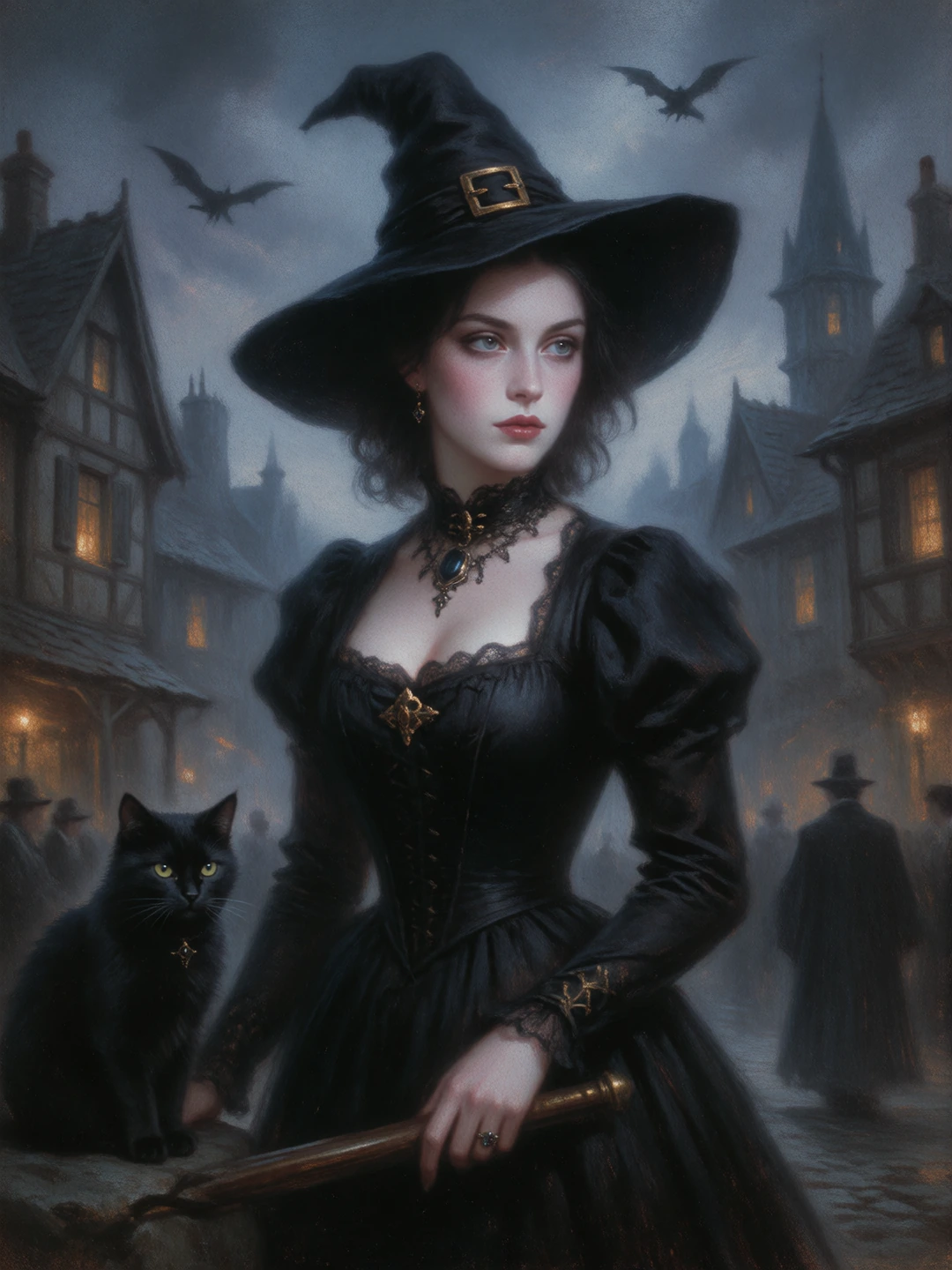 Beautiful pastel goth witch in the 1800s. Add a cat. Gothic town.