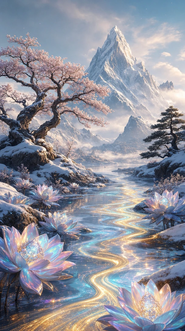 A breathtaking, hyper-realistic digital art landscape featuring a serene, snow-dusted valley under a soft, ethereal light. In the foreground, luminous